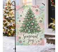 Drapeau de jardin pastel avec citation de joie saisonnière d'arbre de Noël | Ornements pastel, drapeau de pelouse, motifs de canne à sucre, fond de flocon de neige aquarelle, salutation saisonnière