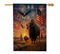 Drapeau de jardin patriotique de buffle, coucher de soleil, aigle à tête blanche tipi décoratif double face en toile de juillet, feu d'artifice extérieur pelouse décoration de fête 71 x 101,6 cm