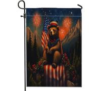Drapeau de jardin patriotique de l'Amérique ours de l'indépendance, bannière de décoration extérieure de montagne feu d'artifice, double face, art de la cour, célébration des vacances d'été, 71 x