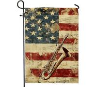 Drapeau de jardin patriotique de musique jazz vintage, saxophone américain, décoration extérieure, drapeau double face en toile de jute pour fête de l'indépendance, 30,5 x 45,7 cm
