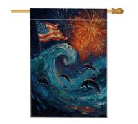 Drapeau de jardin patriotique d'été, feux d'artifice colorés, vagues et dauphins, bannière de décoration d'intérieur, drapeau de cour double face, décoration de fête en plein air, 30,5 x 45,7 cm