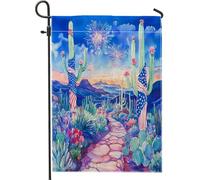 Drapeau de jardin patriotique du désert - Bleu ciel nocturne - Feux d'artifice - Cactus Saguaro - Décoration de vacances en plein air - Bannière double face - 30,5 x 45,7 cm