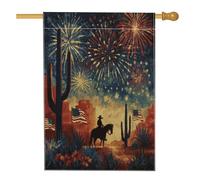 Drapeau de jardin patriotique occidental rustique, cowboy cheval, feu d'artifice, bannière de plantes du désert américain, vacances d'été, extérieur, maison, cour, décoration de fête, 71,1 x 101,6 cm