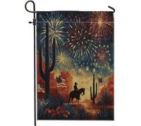 Drapeau de jardin patriotique occidental rustique, cowboy cheval, feu d'artifice, bannière de plantes du désert américain, vacances d'été, extérieur, maison, cour, décoration de fête, 30,5 x 45,7 cm