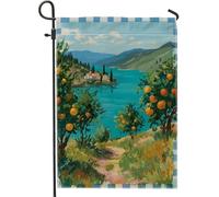 Drapeau de jardin paysager d'été, maison du lac bleu, orangers, bannière de décoration d'intérieur, drapeau double face en toile de jute, décoration de pelouse extérieure, 30,5 x 45,7 cm