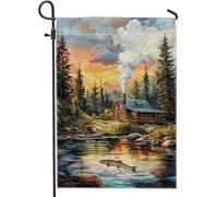 Drapeau de jardin paysager naturel, bannière de décoration de cabane de montagne panoramique, bannière de décoration de rivière, drapeau double face en toile de jute pour décoration de camping d'été