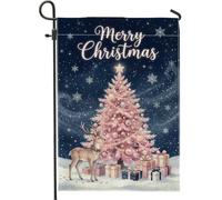 Drapeau de jardin Pêche Arbre de Noël et renne 30,5 x 45,7 cm | Pêcher, drapeau de cour, silhouette de renne, paysage enneigé, nuit étoilée, pays des merveilles d'hiver