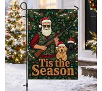 Drapeau de jardin Père Noël chasseur avec chiens 30,5 x 45,7 cm | Thème chasse, drapeau de pelouse, chiens retriever, branches de pin, guirlande lumineuse festive, décoration de vacances
