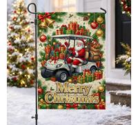 Drapeau de jardin Père Noël conduisant voiturette de golf 30,5 x 45,7 cm | Thème voiturette de golf, drapeau de cour, cadeaux de vacances, branches de pin, ornements, décoration de cour d'hiver