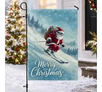 Drapeau de jardin Père Noël Ski 30,5 x 45,7 cm | Motif Père Noël ski, drapeau de cour, paysage du pays des merveilles d'hiver, salutation saisonnière festive