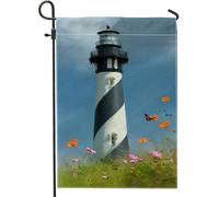 Drapeau de jardin phare artistique, balise rayée bleue avec fleurs et papillons colorés, bannière extérieure double face pour décoration d'intérieur de printemps et d'été, 30,5 x 45,7 cm