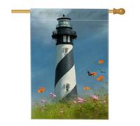 Drapeau de jardin phare artistique, balise rayée bleue avec fleurs et papillons colorés, bannière extérieure double face pour décoration d'intérieur de printemps et d'été, 71 x 101 cm