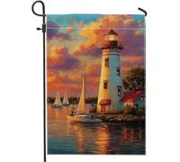 Drapeau de jardin phare au coucher du soleil, bannière de décoration d'intérieur avec paysage marin, décoration saisonnière nautique extérieure, drapeau de cour double face, 30,5 x 45,7 cm