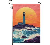 Drapeau de jardin phare côtier, coucher de soleil vif, scène océanique, décoration extérieure, bannière décorative double face en toile de jute pour décoration de pelouse sur le thème de la plage