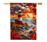 Drapeau de jardin phare d'automne, bannière décorative côtière rouge, drapeau de cour double face en toile de jute pour décoration de pelouse extérieure 71 x 101 cm
