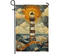 Drapeau de jardin phare du lever du soleil, bannière colorée de décoration extérieure côtière, drapeau de cour en tissu double face pour décoration de fête sur le thème de la plage, 30,5 x 45,7 cm