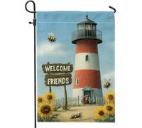 Drapeau de jardin phare Welcome Friends - Décoration à rayures rouges et blanches - Bannière florale d'été - Décoration de cour double face pour fête et pelouse - 30,5 x 45,7 cm