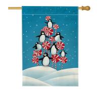 Drapeau de jardin pingouin au pays des merveilles d'hiver, scène enneigée bleue avec sucre d'orge, bannière double face en toile de jute pour décoration de pelouse de vacances, 71 x 101,6 cm