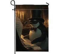 Drapeau de jardin pingouin, chapeau haut de forme vintage fantaisie, piano, sans toile de jute noire, double face, petit drapeau de jardin pour extérieur, pelouse, porche, terrasse, entrée 30,5 x 45,7