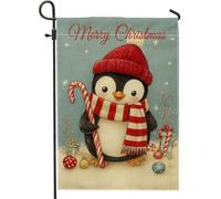 Drapeau de jardin pingouin de Noël, bannière de décoration de vacances rouge et blanche, double face en toile de jute pour décoration de pelouse, décorations festives d'hiver pour la maison, 30,5 x