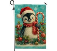 Drapeau de jardin pingouin pour vacances d'hiver, jolie scène enneigée avec canne à sucre d'orge et ornements, bannière décorative double face pour décoration de pelouse extérieure 30,5 x 45,7 cm