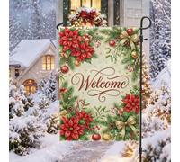 Drapeau de jardin Poinsettia de Noël avec citation de bienvenue 30,5 x 45,7 | Branches de pin, drapeau de pelouse, canne à sucre, nœuds dorés, verdure d'hiver, décoration de porche saisonnière