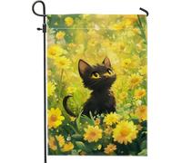 Drapeau de jardin pour chat, chaton noir dans des champs de fleurs jaunes, décoration de cour printemps-été avec design double face pour décoration de pelouse extérieure 30,5 x 45,7 cm
