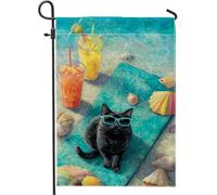 Drapeau de jardin pour chat de plage d'été, félin noir avec boissons tropicales, décoration d'intérieur, bannière de jardin, toile de jute double face, décoration de visibilité de pelouse, 30,5 x 45,7