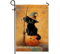 Drapeau de jardin pour chat d'Halloween, chapeau de sorcière citrouille orange, décoration extérieure, bannière double face en toile de jute pour fête d'automne, décoration de pelouse, 30,5 x 45,7 cm