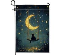 Drapeau de jardin pour chat enchanté nocturne, chat se balançant sous le clair de lune, décoration extérieure double face pour pelouse, décoration d'intérieur, drapeaux de jardin saisonniers de style