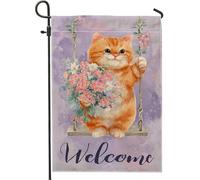 Drapeau de jardin pour chat, fleurs mignonnes fantaisies balançoires printemps orange toile de jute double face petit drapeau de jardin pour extérieur, terrasse, pelouse, porche, entrée, camping 30,5