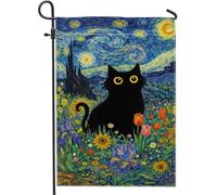 Drapeau de jardin pour chat, impressionnisme, fleurs fantaisistes, étoiles, printemps noir, double face, en toile de jute décorative pour extérieur, terrasse, pelouse, porche, entrée, camping, 30,5 x