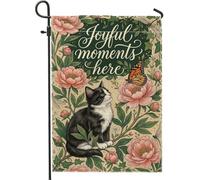 Drapeau de jardin pour chat, papillon fantaisiste botanique pivoine vert printemps double face en toile de jute petit drapeau de jardin pour extérieur, terrasse, pelouse, porche, balcon 30,5 x 45,7 cm