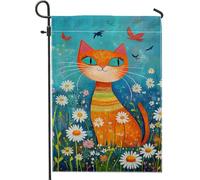 Drapeau de jardin pour chat printanier et été, fleurs fantaisistes orange, décoration extérieure, bannière double face pour décoration de pelouse, accessoires de jardin sur le thème des animaux