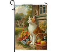 Drapeau de jardin pour chat printanier, tigré orange avec fleurs, bannière de décoration extérieure, drapeau double face en toile de jute pour décoration de la maison, de la pelouse, 30,5 x 45,7 cm