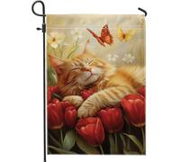 Drapeau de jardin pour chat printanier, tigré orange, fleurs endormies, papillon, bannière de jardin, bannière de jardin, drapeau de cour en tissu double face, décoration de pelouse extérieure, 30,5 x