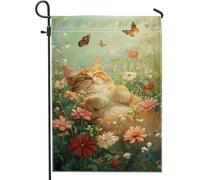 Drapeau de jardin pour chat printemps été, chat tigré roux, fleurs, papillon, décoration extérieure, drapeau de cour double face, décoration saisonnière de pelouse, 30,5 x 45,7 cm