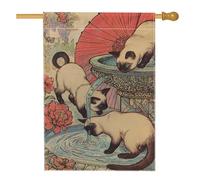 Drapeau de jardin pour chat printemps été, fontaine à eau vintage avec chats siamois, bannière de décoration d'intérieur, bannière double face en toile de jute, décoration de pelouse extérieure, 71,1