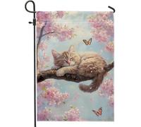 Drapeau de jardin pour chat printemps été, pêche, floral, chaton endormi, papillon, décoration d'intérieur, drapeau de cour, toile de jute double face, décoration de pelouse extérieure, 30,5 x 45,7 cm