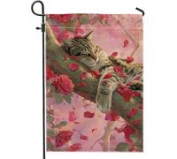 Drapeau de jardin pour chat printemps été, pêche florale endormie, bannière de décoration d'intérieur, drapeau de cour double face, décoration de pelouse extérieure, 30,5 x 45,7 cm