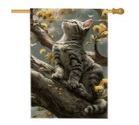 Drapeau de jardin pour chat printemps été, tigré gris sur arbre avec fleurs jaunes, bannière extérieure double face en toile de jute, décoration d'intérieur pour amoureux des animaux, décoration de