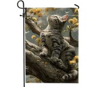 Drapeau de jardin pour chat printemps été, tigré gris sur arbre avec fleurs jaunes, bannière extérieure double face en toile de jute, décoration d'intérieur pour amoureux des animaux, décoration de