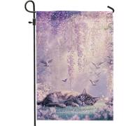 Drapeau de jardin pour chat printemps-été, violet rêveur, chaton endormi, fleurs, oiseaux, décoration de cour, décoration de pelouse extérieure double face, drapeaux de jardin 30,5 x 45,7 cm