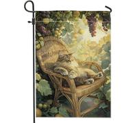 Drapeau de jardin pour chat récolte d'automne, chat tigré confortable se relaxant sur une chaise en osier, décoration de pelouse, bannière saisonnière de cour d'automne, tissu double face 30,5 x 45,7