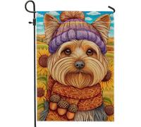 Drapeau de jardin pour chien d'automne, chapeau violet Yorkshire Terrier, bannière de décoration d'intérieur, drapeau double face en toile de jute pour décoration de pelouse extérieure 30,5 x 45,7 cm