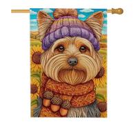 Drapeau de jardin pour chien d'automne, chapeau violet Yorkshire Terrier, bannière de décoration d'intérieur, drapeau double face en toile de jute pour décoration de pelouse extérieure 71 x 101 cm