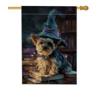 Drapeau de jardin pour chien d'automne d'Halloween, chapeau de magicien bleu, Yorkshire Terrier, décoration extérieure, bannière double face en toile de jute pour décoration de cour et de pelouse