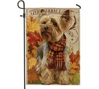 Drapeau de jardin pour chien d'automne, Yorkshire Terrier marron avec écharpe, bannière de décoration d'intérieur, drapeau de cour double face en toile de jute pour décoration de pelouse extérieure