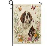 Drapeau de jardin pour chien du printemps Saint-Bernard 30,5 x 45,7 cm double face pour décoration extérieure, motif floral vintage, drapeau de maison, drapeau pour animal de compagnie, petit drapeau