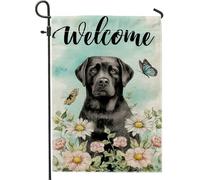 Drapeau de jardin pour chien « Welcome Spring Summer » - Fleurs de laboratoire noires - Bannière de décoration d'intérieur - Drapeau double face en toile de jute - Décoration de pelouse extérieure